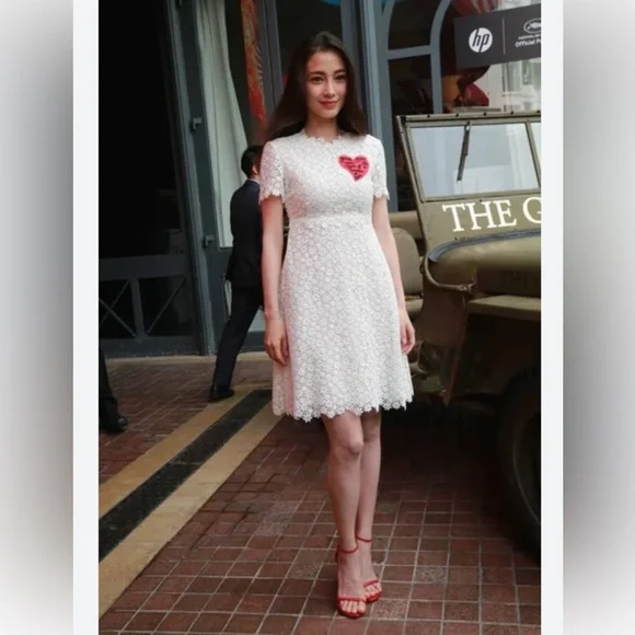 White Lace Mini Dress with Embroidered Heart Detail Crochet Boho Bride W… - Picture 2 of 15